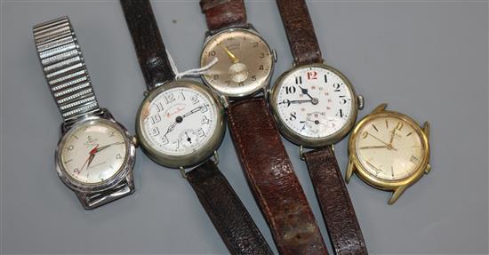 A nickel cased West End Watch Co Queen Anne manual wind wrist watch and 4 others.